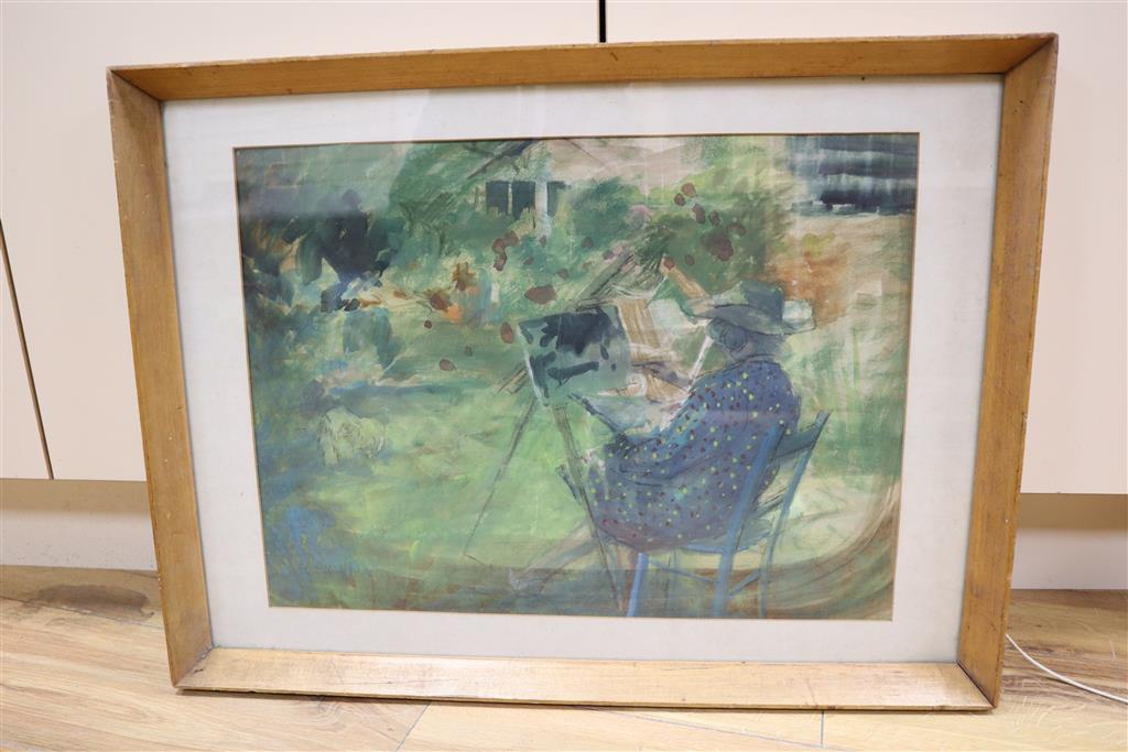 English School Lady artist sketching in a garden 37 x 50cm.